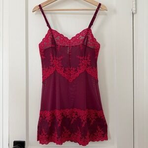 Wacoal Embrace Lace Sheer Mesh Chemise Nightgown Burgundy Pink Floral Womens Med